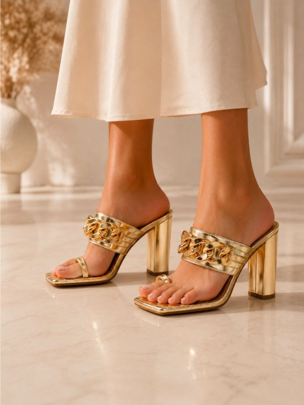 Gold Block Heel Chain Quilted Open Toe Mules For Women By Lovmark - Picture 2 of 14